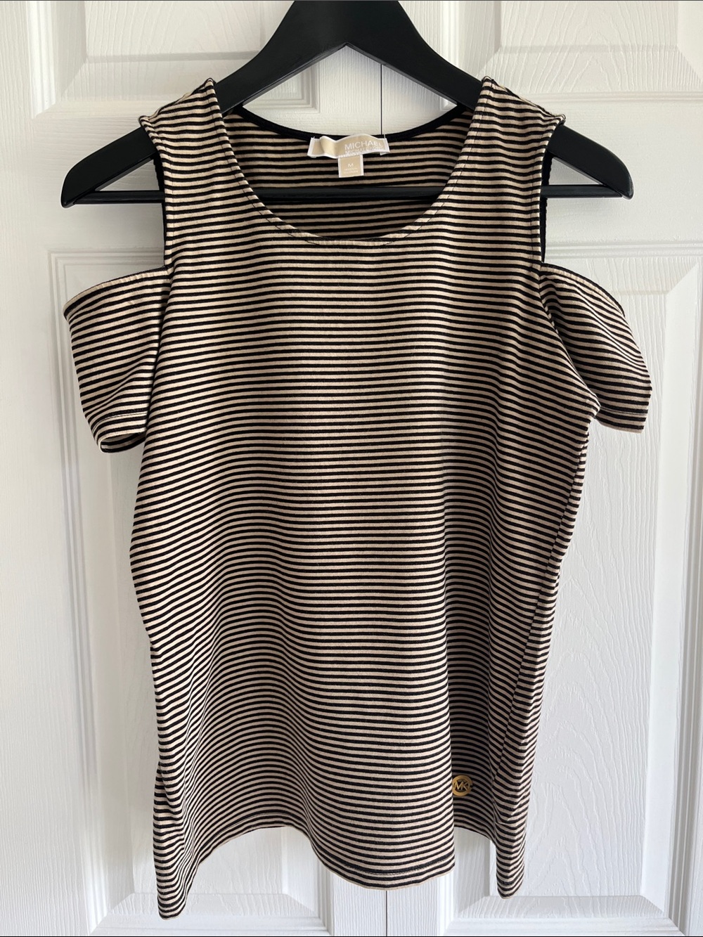 MICHAEL Michael Kors Black and Cream Striped Cold-Shoulder Tank
